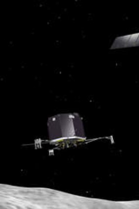 Artist's impression of the Rosetta orbiter deploying the Philae lander to comet 67P/Churyumov-Gerasimenko.