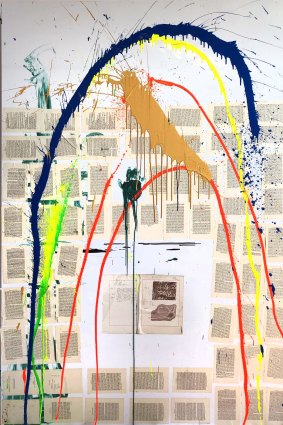 Brook Andrew, Rainbow Theories of Primitive Religion, 2019.Acrylic polymer and oil paint, ink, paper and glue on dibond, 240 x 160 cm.
