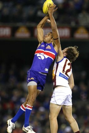 Brennan Stack of the Bulldogs marks during the round 12 match between the Western Bulldogs and Brisbane Lions.