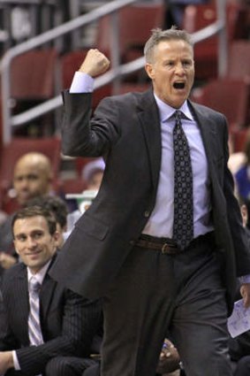 Philadelphia 76ers coach Brett Brown reacts to a call against Atlanta.