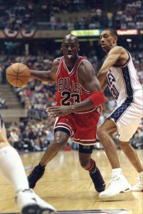 Michael Jordan in action for the Chicago Bulls against Kerry Kittles of the New Jersey Nets during the 1998 NBA Playoffs.