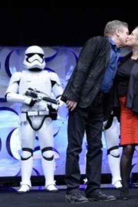Cast members of the original <i>Star Wars</i>, from left, film Mark Hamill, Carrie Fisher and Anthony Daniels (C-3PO) at the kick-off event of Disney's Star Wars Celebration 2015 at the Anaheim Convention Centre in April.
