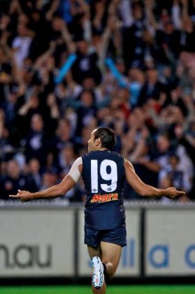 Blues forward Eddie Betts celebrates after kicking a goal in the third quarter.