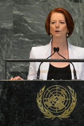 Prime Minister Julia Gillard addresses the UN General Assembly in New York last month.