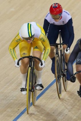 Anna Meares ahead of Victoria Pendleton in the first round of the keirin at the Olympic Velodrome.