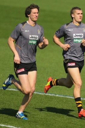 Ty Vickery  and Dustin Martin during a fitness test on Tuesday.