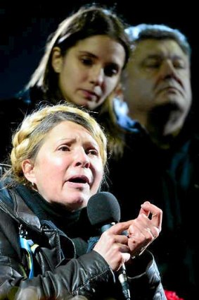 Yulia Tymoshenko addresses the crowd in Independence Square after being freed from prison on February 22 in Kiev, Ukraine.