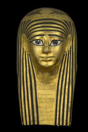On display for Secrets of the Afterlife: Cartonnage mummy-mask, 1st century BCE - 1st century CE, Egypt.