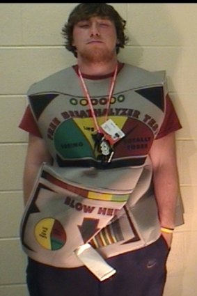James P. Miller, 20, in a police photo provided by the Oxford Ohio police department wearing a Halloween breathalyzer costume.