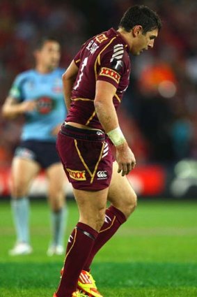 Billy Slater after injuring his knee during Origin II.
