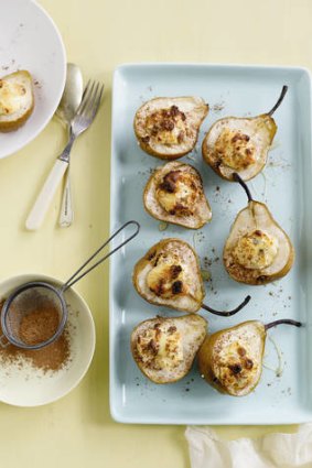 Baked pears and ricotta with honey, sultanas and cinnamon.