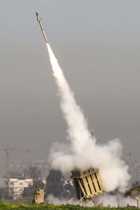 Missile defence in action - an Israeli missile is launched from the Iron Dome missile system.