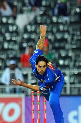 Controlled ... Mitchell Johnson playing with the Mumbai Indians at Wanderers Stadium, South Africa.