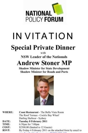 Dinner for 13 ... the invitation from Andrew Stoner, which Labor says breaches political donation rules.