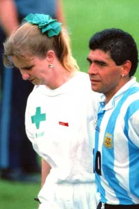 Diego Maradona leaves the field of play for a random drug test during the 1994 World Cup in the United States. He tested postitive to ephedrine.