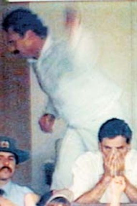 An upset Allan Border can’t hide his disappointment after the fall of Craig McDermott’s wicket at the Adelaide Oval in 1993.