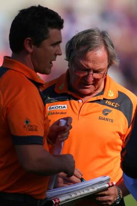 Giants coach Kevin Sheedy during the quarter-time break of the match against Fremantle.