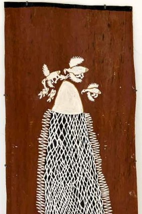 Natural ochres on bark by Nonggirrnga Marawili, part of her <i>Yathikpa</i> exhibition. Catalogue number AK18913.