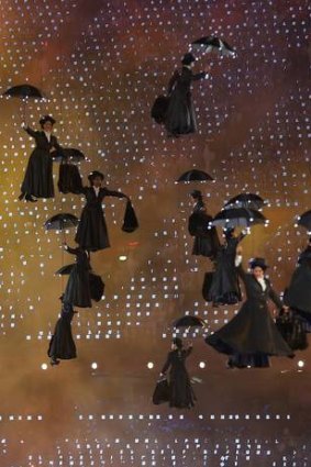 Performers dressed as Mary Poppins descend during the opening ceremony.