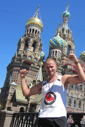 Tristan Miller in action in St Petersburg, Russia, halfway through his 52 marathons in one year.