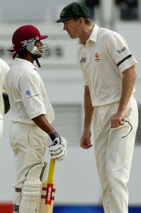 Pardon? &#8230; Glenn McGrath goes toe-to-toe with Ramnaresh Sarwan of the West Indies during the fiery 2003 Test series.