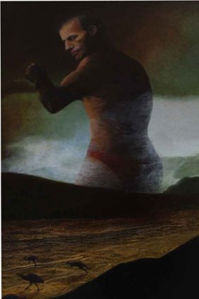 Tony Abbott as depicted by artist Michael Portley in <i>The Colossus (down under)</i>, which references Francisco Goya's early 1800s work <i>The Colossus</i>.