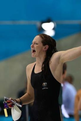 Australia's Cate Campbell looks upset as she and her sister Bronte miss out on the 50-metre freestyle finals in London.