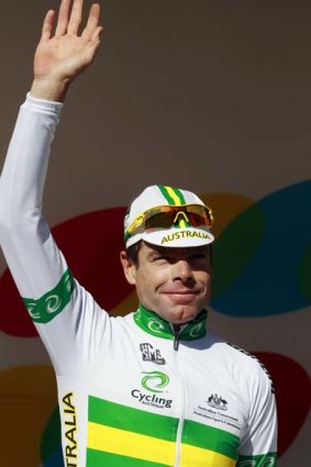 Cadel Evans is introduced at the start of the elite men's road race.