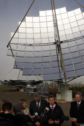 Former premier John Brumby in front of a Silex solar test facility at Bridgewater in 2010. The company's promised plant near Mildura was never built. 