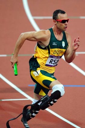 Oscar Pistorius takes part in the men's 4 x 400 metres relay at the London Olympics.
