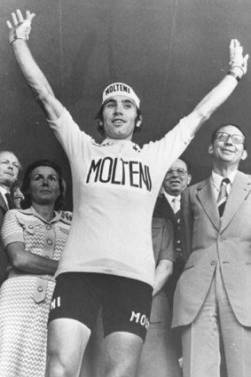 Eddy Merckx celebrating in 1974 after winning a fifth Tour.