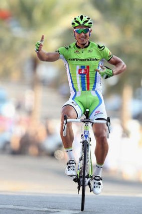 Peter Sagan of Slovakia and Canondale celebrates winning stage two of the 2013 Tour of Oman.