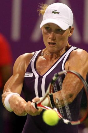 On a roll . . . Sam Stosur belts a backhand in Doha.