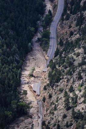 A washed-out portion of the road to Jamestown, Colorado.