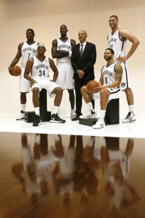 Star power: Brooklyn Nets' Joe Johnson, Paul Pierce, Kevin Garnett, head coach Jason Kidd, Deron Williams and Brook Lopez pose for a photo during the team's media day at the Barclays Center in the Brooklyn borough of New York.
