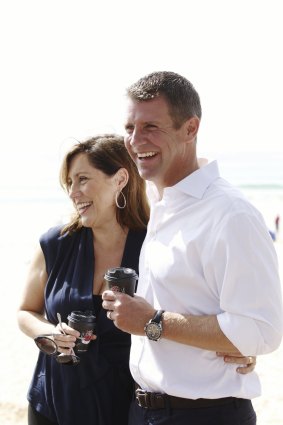Mike Baird, with his wife Kerryn Baird, in Manly the morning after winning another term as NSW Premier.. 