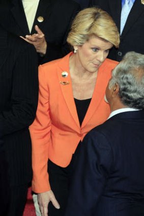 Xanana Gusmao, speaks with Australian Foreign Minister Julie Bishop in Bali. He criticised powerful countries who  shamelessly violate the civic rights of citizens of other countries.