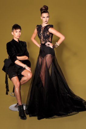 Fashion designer Anthony Capon with model Elizabeth Banks. Creative direction and Styling: Miled (Mils) Achi, Hair: Sheldon Brown and Natalie Kasunic, Makeup: Bernadette Cording. Gown from Et Al X Mieka Collection.