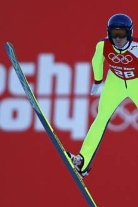 Air-time: Austrian ski jumper Daniela Iraschko-Stolz flies high in training at the Winter Games.