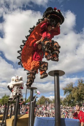 A hop, skip and a jump: The Chinese lion dancers strut their stuff before a roaring crowd at the Bendigo Easter Festival on Saturday. Photo: Luis Ascui