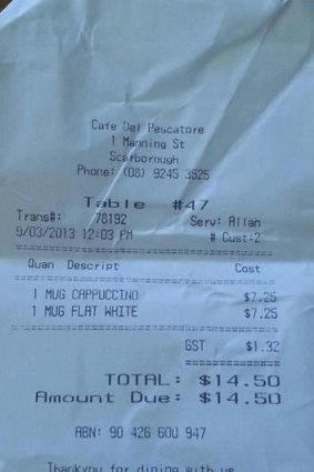 A photo of a receipt for a Perth cafe that charged $14.50 for two coffees was posted on Facebook and shared almost 500 times.