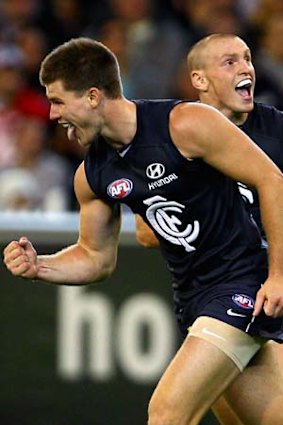 Bryce Gibbs celebrates a goal.