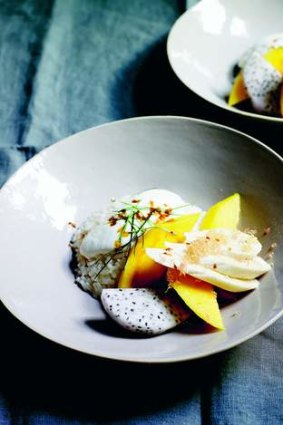 Coconut rice with tropical fruit.