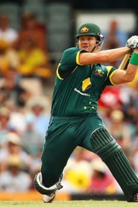 Back in town: Shane Watson smashes another boundary on his way to a century against the West Indies on Wednesday.