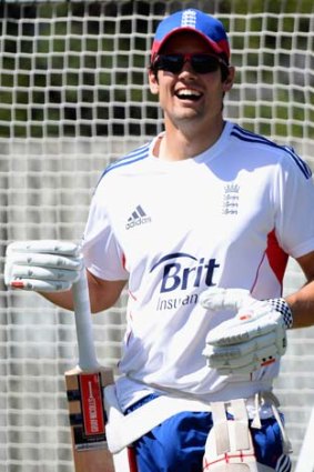 England captain Alastair Cook waits for his turn in the nets at Blundstone Arena in Hobart on Tuesday.