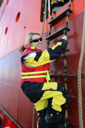 Fairfax Media's Nicky Phillips climbs aboard the Aurora Australis.
