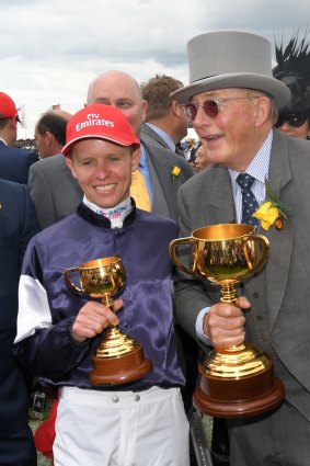 Almandin owner Lloyd Williams, right, with winning jockey Kerrin McEvoy.