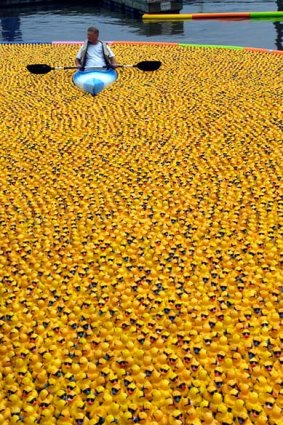 Richard Macdonald kayaks through a sea of 15,000 yellow rubber ducks during the 18th annual Duck Race on the Illinois River.