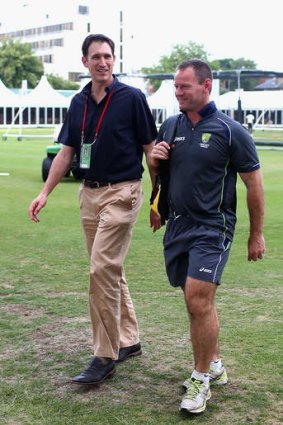Cricket Australia boss James Sutherland and high performance manager Pat Howard at a nets session at Lord's.