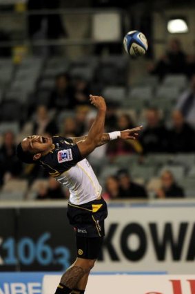Joseph Tomane celebrates after scoring the first of his two tries for the Brumbies on Saturday night.